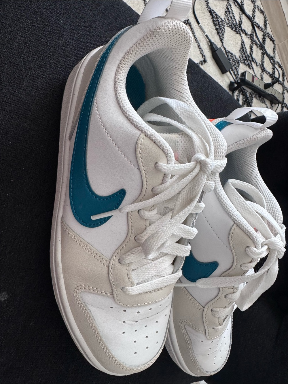 Nike Kids White Sneakers with Teal Swoosh - Lace-Up Casual Shoes